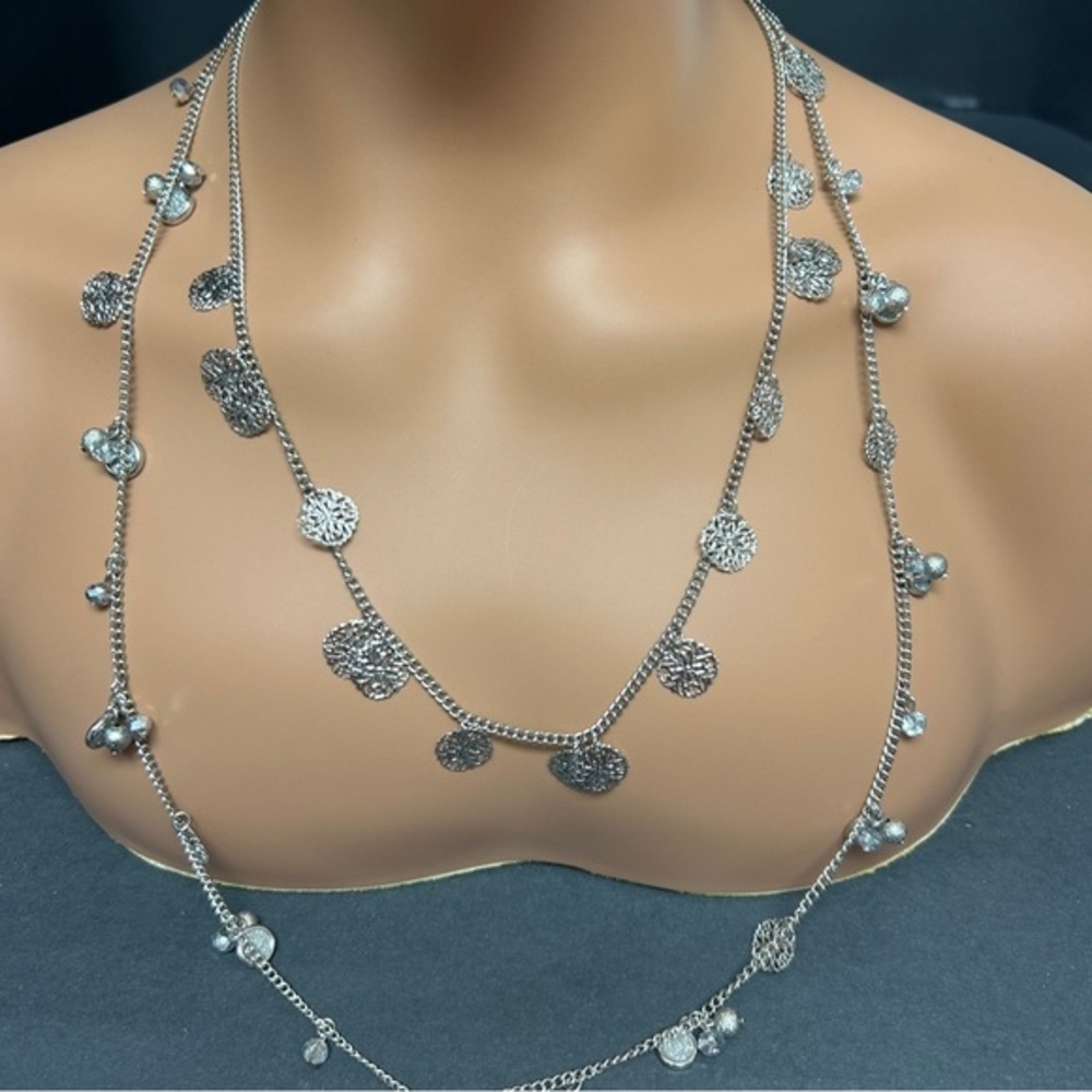 Stylish Double Stranded Silver Disc & Bead Necklace